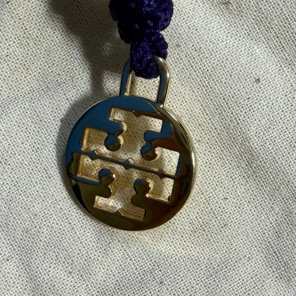 Tory Burch Cream Canvas Drawstring Dust Bag Gold Logo Charm Teal Navy Trim Large